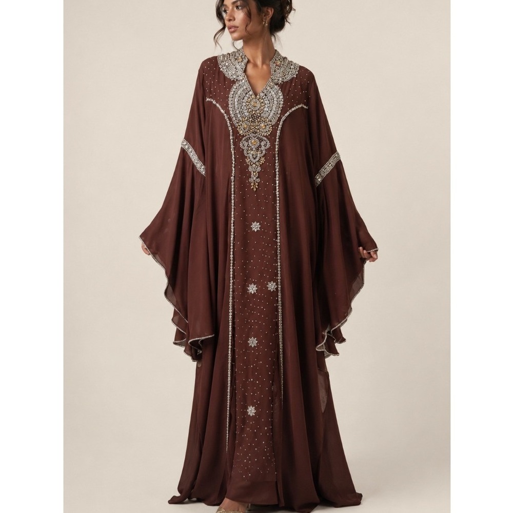 Bedazzled Kaftan Abaya Maxi Dress Gown Beaded Bell Sleeve XL Brown Formal Earthy